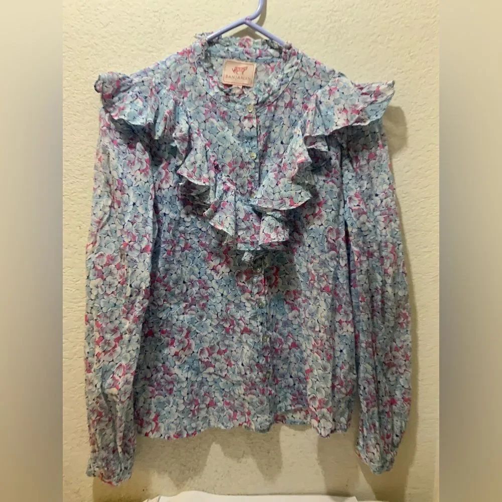 Banjanan Nina Ruffled Shirt Womens Size S Blue Floral Button Up Feminine